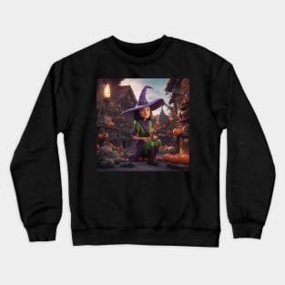 Child in Halloween Costume with Pumpkin and Witch Hat Crewneck Sweatshirt